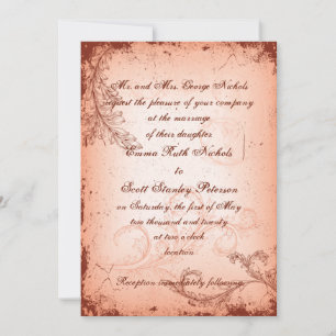 Vintage coral scroll leaf wedding invite