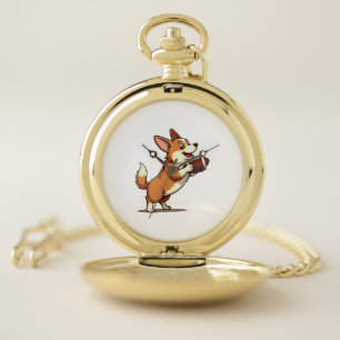 Vintage Corgi Football Dog Illustration Retro Spor Pocket Watch