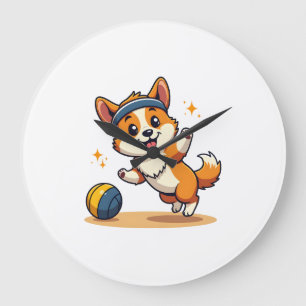 Vintage Corgi Volleyball Dog Vector Illustration S Large Clock