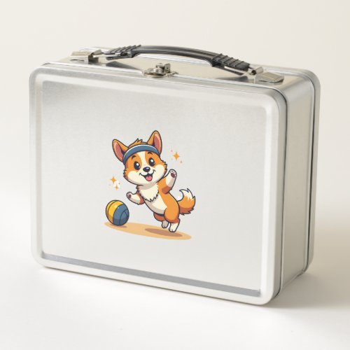 Vintage Corgi Volleyball Dog Vector Illustration S Metal Lunch Box