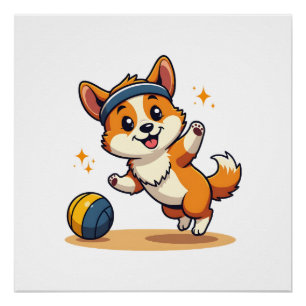 Vintage Corgi Volleyball Dog Vector Illustration S Poster