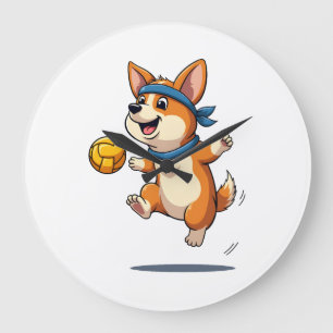 Vintage Corgi Volleyball Illustration Cute Dog Ath Large Clock