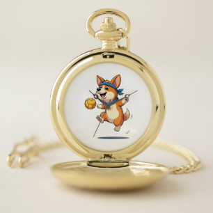 Vintage Corgi Volleyball Illustration Cute Dog Ath Pocket Watch