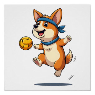 Vintage Corgi Volleyball Illustration Cute Dog Ath Poster