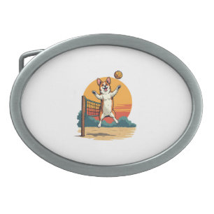 Vintage Corgi Volleyball Retro Sunset Vector Illus Belt Buckle