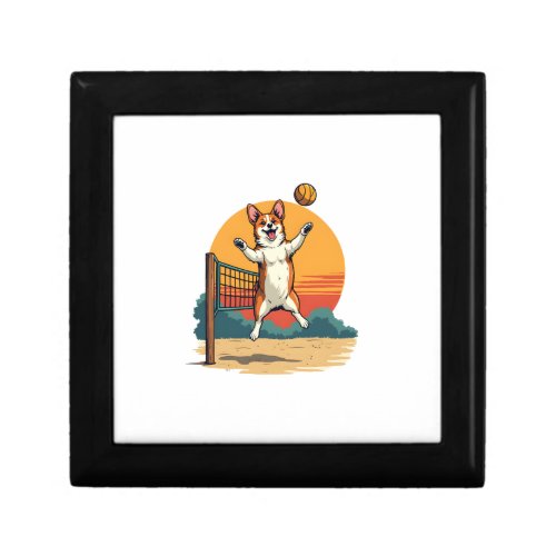 Vintage Corgi Volleyball Retro Sunset Vector Illus Gift Box