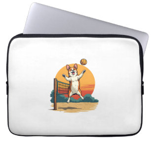 Vintage Corgi Volleyball Retro Sunset Vector Illus Laptop Sleeve