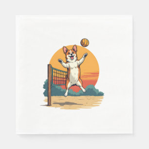 Vintage Corgi Volleyball Retro Sunset Vector Illus Napkins