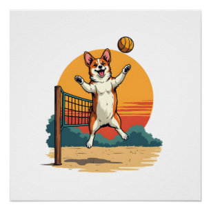 Vintage Corgi Volleyball Retro Sunset Vector Illus Poster