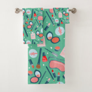 Vintage cosmetics beauty makeup pink green bath towel set