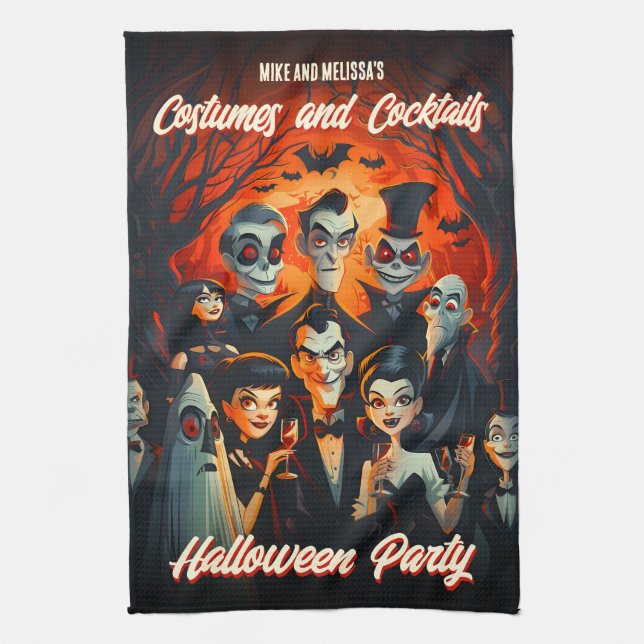 Vintage Costumes and Cocktails Halloween Party Kitchen Towel (Vertical)