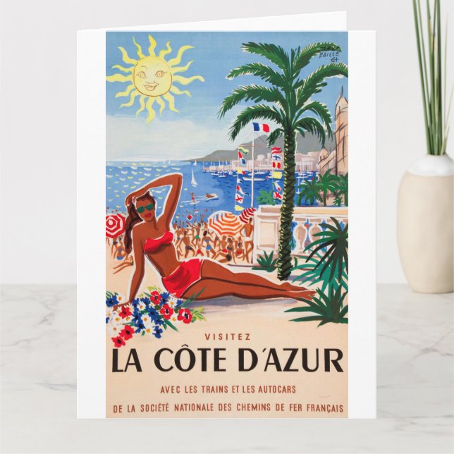 Vintage Cote D'Azur Beach Girl Card (Front)
