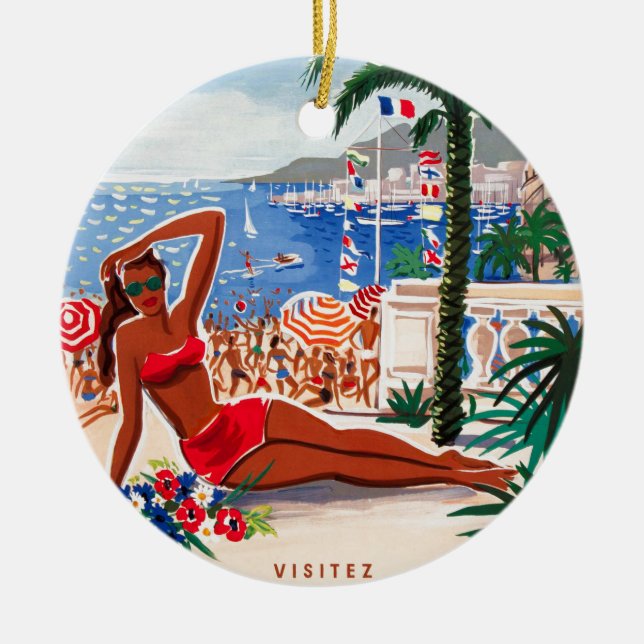 Vintage Cote D'Azur Beach Girl Ceramic Ornament (Front)
