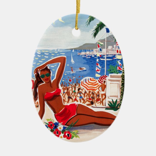 Vintage Cote D'Azur Beach Girl Ceramic Ornament (Front)