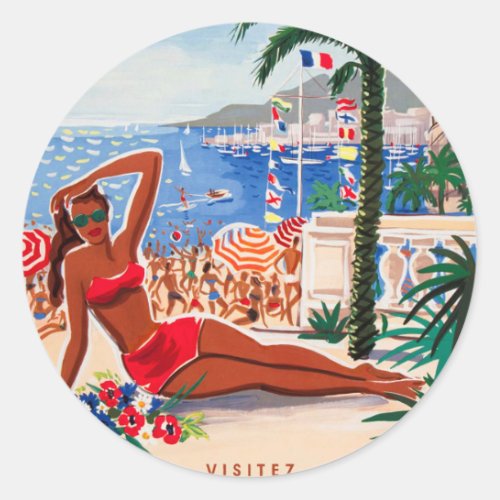 Vintage Cote DAzur Beach Girl Classic Round Sticker
