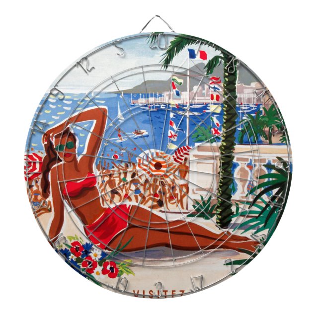 Vintage Cote D'Azur Beach Girl Dartboard With Darts (Front)