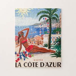 Vintage Cote D'Azur Beach Girl Illustration Art Jigsaw Puzzle