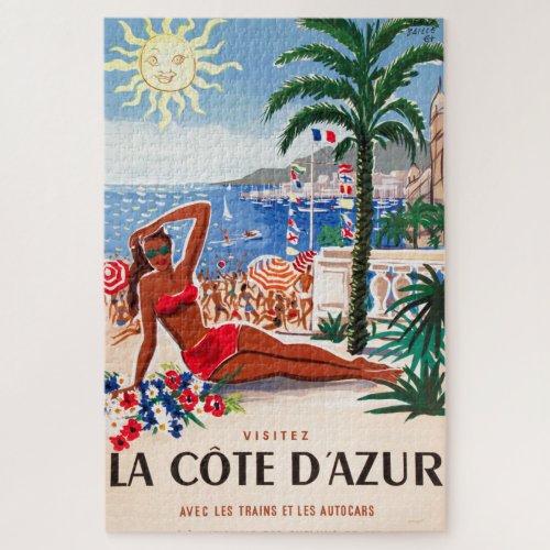 Vintage Cote DAzur Beach Girl Illustration Art Jigsaw Puzzle