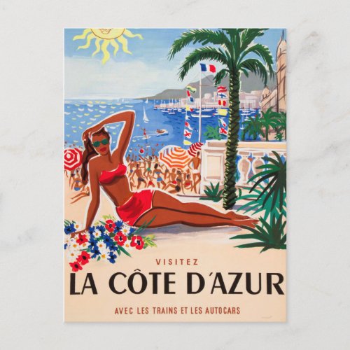 Vintage Cote DAzur Beach Girl Invitation Postcard