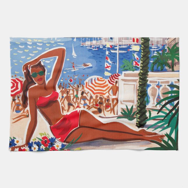 Vintage Cote D'Azur Beach Girl Kitchen Towel (Horizontal)