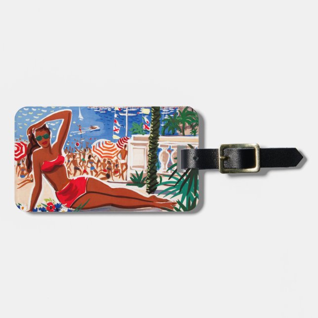 Vintage Cote D'Azur Beach Girl Luggage Tag (Front Horizontal)