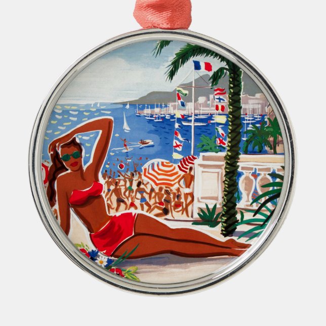 Vintage Cote D'Azur Beach Girl Metal Ornament (Front)
