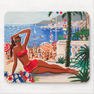 Vintage Cote D'Azur Beach Girl Mouse Pad