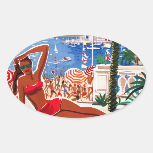 Vintage Cote DAzur Beach Girl Oval Sticker