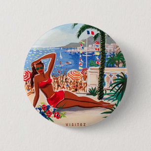 Vintage Cote D'Azur Beach Girl Pinback Button