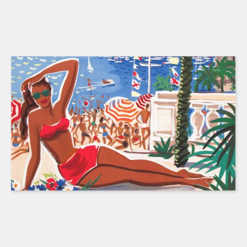 Vintage Cote DAzur Beach Girl Rectangular Sticker