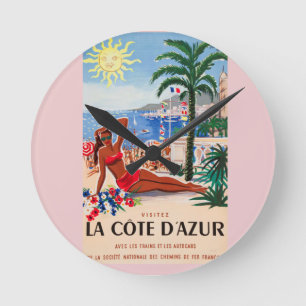 Vintage Cote D'Azur Beach Girl Round Clock