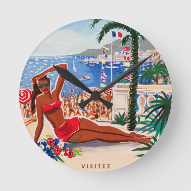 Vintage Cote D'Azur Beach Girl Round Clock (Front)