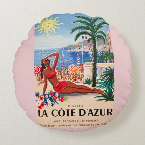 Vintage Cote DAzur Beach Girl Round Pillow