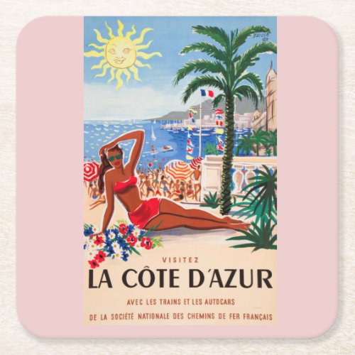 Vintage Cote DAzur Beach Girl Square Paper Coaster