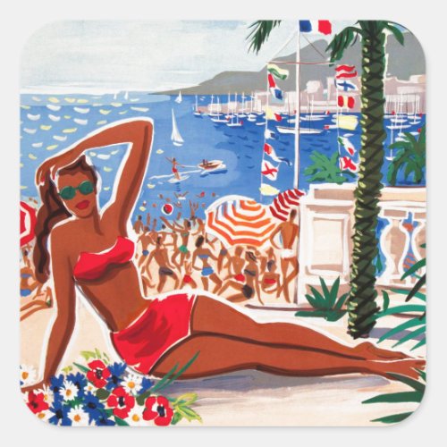 Vintage Cote DAzur Beach Girl Square Sticker