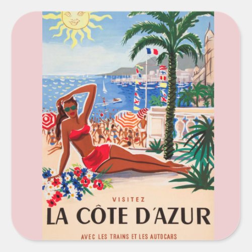 Vintage Cote DAzur Beach Girl Square Sticker