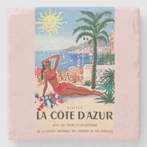 Vintage Cote DAzur Beach Girl Stone Coaster