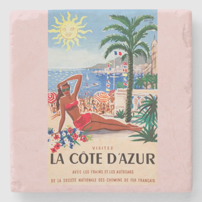 Vintage Cote D'Azur Beach Girl Stone Coaster (Front)