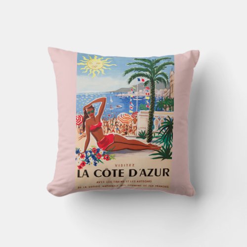 Vintage Cote DAzur Beach Girl Throw Pillow