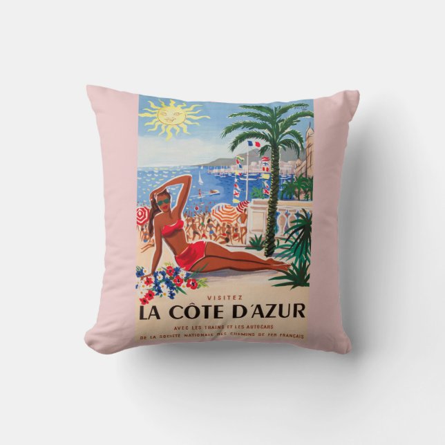 Vintage Cote D'Azur Beach Girl Throw Pillow (Front)
