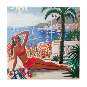 Vintage Cote D'Azur Beach Girl Tile