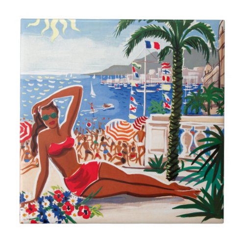 Vintage Cote DAzur Beach Girl Tile