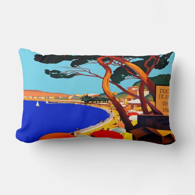 Vintage Cote D'Azur French Travel Lumbar Pillow (Front)