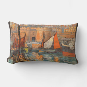 Vintage Cote d'Emeraude Saint Malo Port Tourism Lumbar Pillow