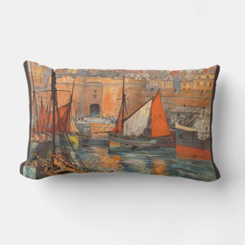 Vintage Cote dEmeraude Saint Malo Port Tourism Lumbar Pillow