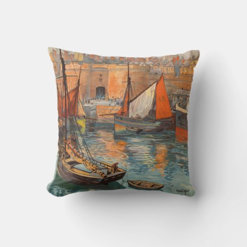 Vintage Cote dEmeraude Saint Malo Port Tourism Throw Pillow