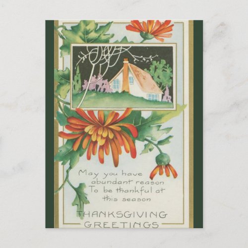 Vintage Cottage and Chrysanthemums Thanksgiving Postcard