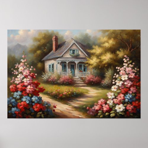 Vintage Cottage And Flower Garden Poster