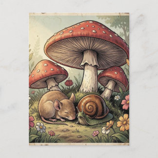 Vintage Cottage Core Mushrooms and Wildlife Postcard