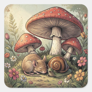 Vintage Cottage Core Mushrooms and Wildlife Square Sticker